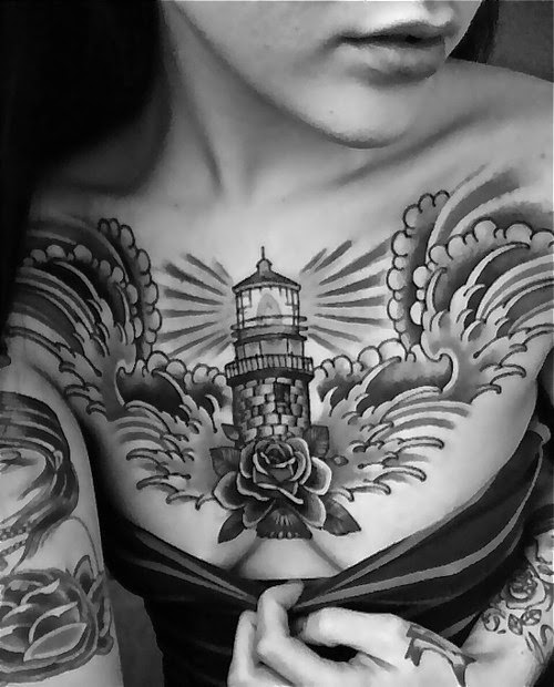 Women Chest With Lighthouse Tattoos, Lighthouse Tattoos For Women, Women Chest Decorative Lighthouse Tattoo, New Light House Design Tattoos, Women,