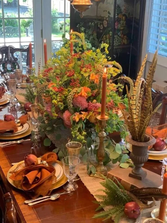 Thanksgiving table centerpiece florals, candles