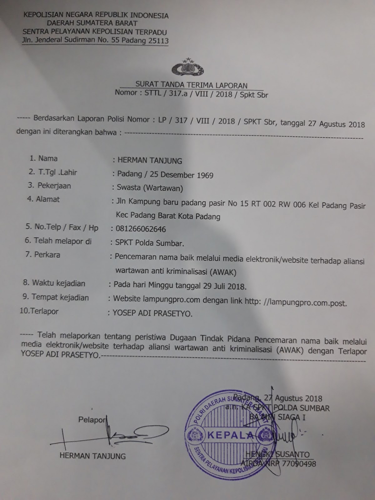 Contoh Surat Minta Pengawalan Polisi