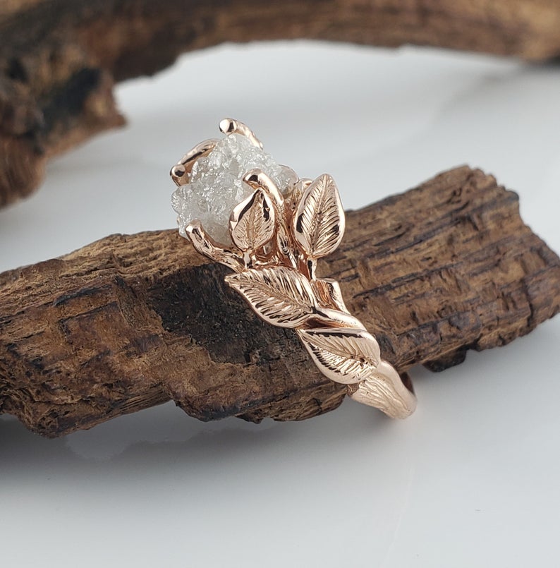Leaf engagement ring with moissanite and diamond twig nature wood branch  leaves in white/rose/yellow gold or platinum handmade – Aardvark Jewellery