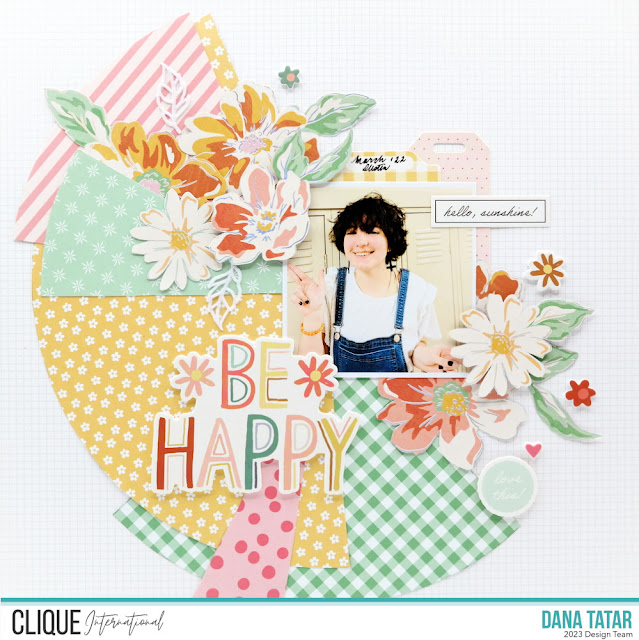 Floral, dot, and striped mixed print teen scrapbook layout using patterned paper and stickers from Felicity Jane, Jen Hadfield, and Simple Stories.