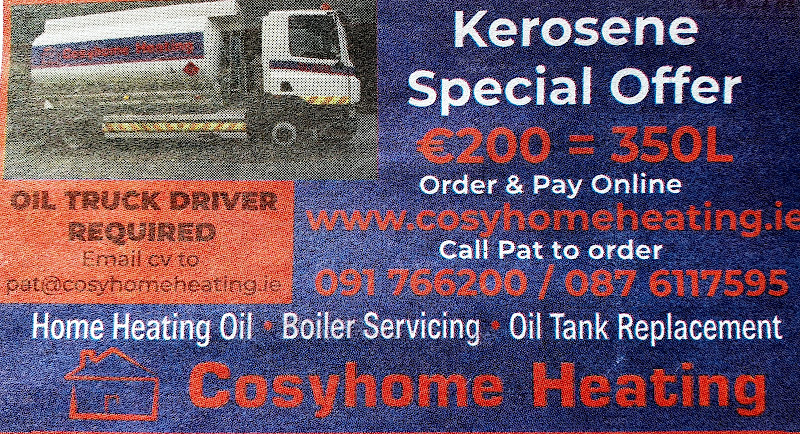 newspaper advertisement with a picture of an oil tanker, services (home heating oil, boiler servicing), company details (https://www.cosyhomeheating.ie/ Phone 091 766200 / 087 6117595), and a staff-wanted advert all together