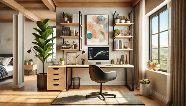 Modern home office with large windows allowing natural light to fill the space. The room features a wooden desk with a minimalist setup, including a computer and wireless gadgets. A sleek, ergonomic chair is positioned at the desk, with floating shelves above holding books, succulents, and decorative items. The walls are painted in neutral tones, accented by bold abstract artwork. A large fiddle-leaf fig plant adds greenery in the corner, while a soft, textured area rug covers the floor. The space is organized and clutter-free, with no visible lighting fixtures, emphasizing natural light.