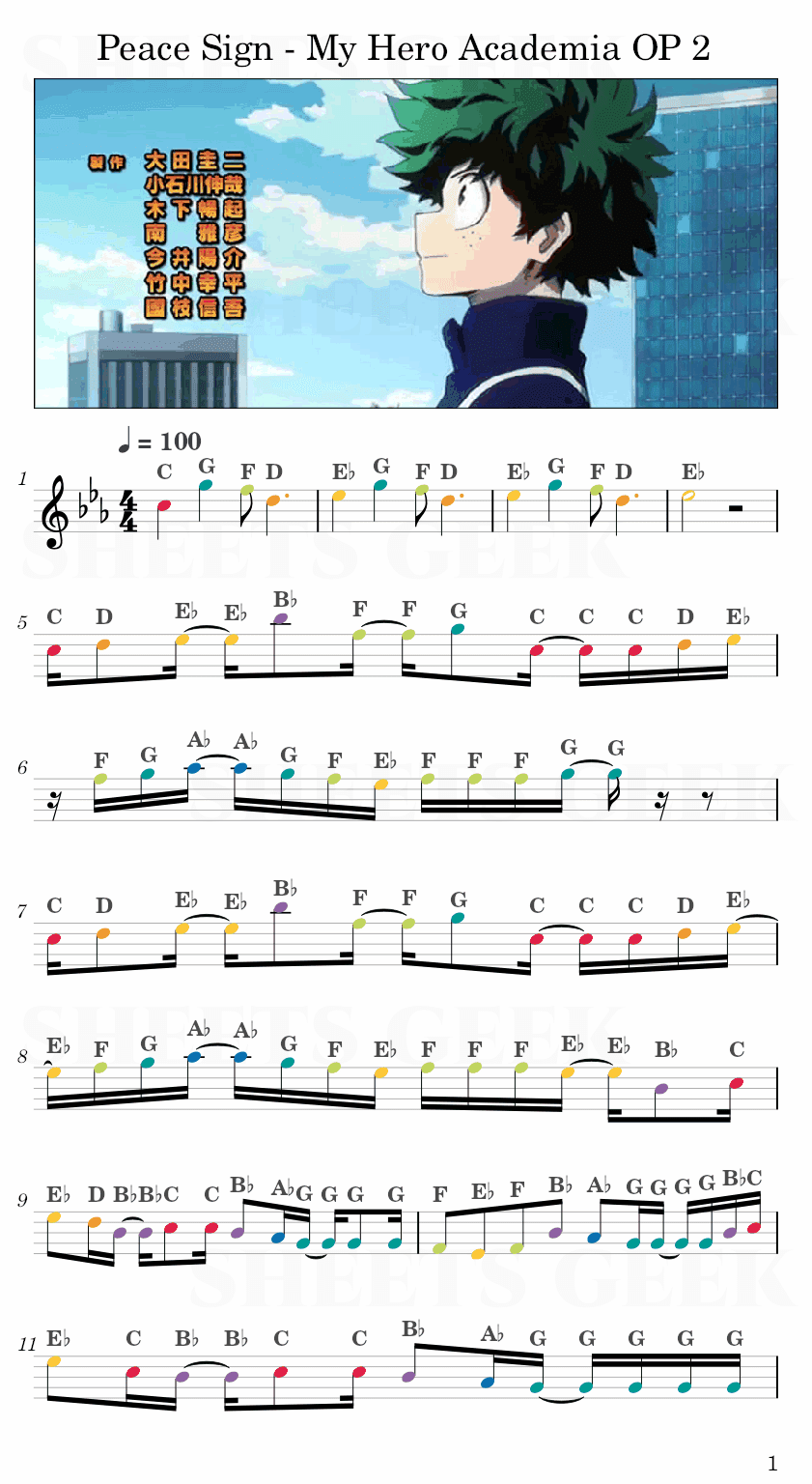 Peace Sign - My Hero Academia OP 2 Easy Sheets Music Free for piano, keyboard, flute, violin, sax, celllo 1