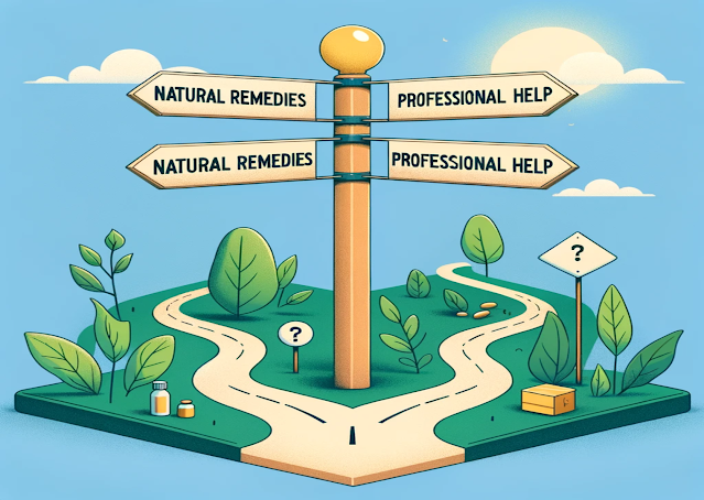 An illustration depicting a crossroads with signposts indicating the paths of "Natural Remedies" and "Professional Help" for addressing hair loss, surrounded by lush greenery, herbs, and question marks, symbolizing the decision-making process of determining when to explore natural solutions or seek professional medical guidance.