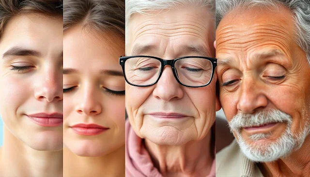 Relaxed, restful faces of people across different age groups (e.g., young adults, parents, seniors).