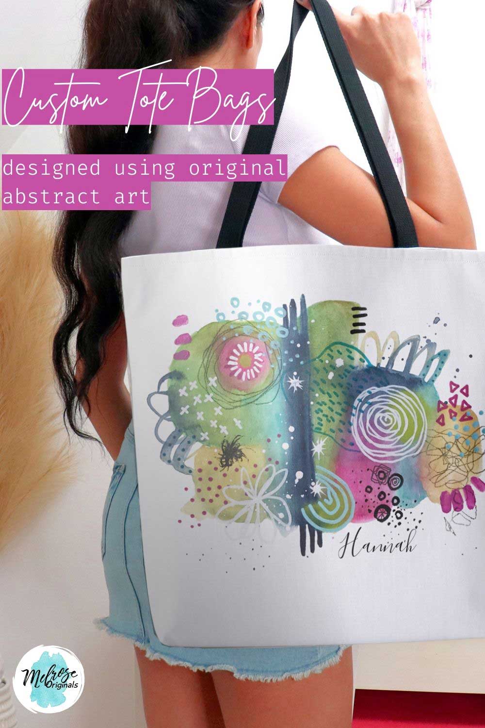 pinnable image of a woman holding a personalized tote bag with abstract art