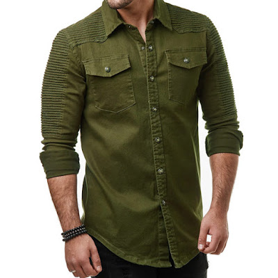 Men Lapel Long Sleeve Pockets Shirt