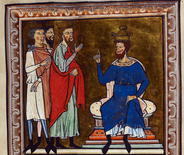 Herodes recebe os três Reis Magos. British Library Royal 1 D X, f2.