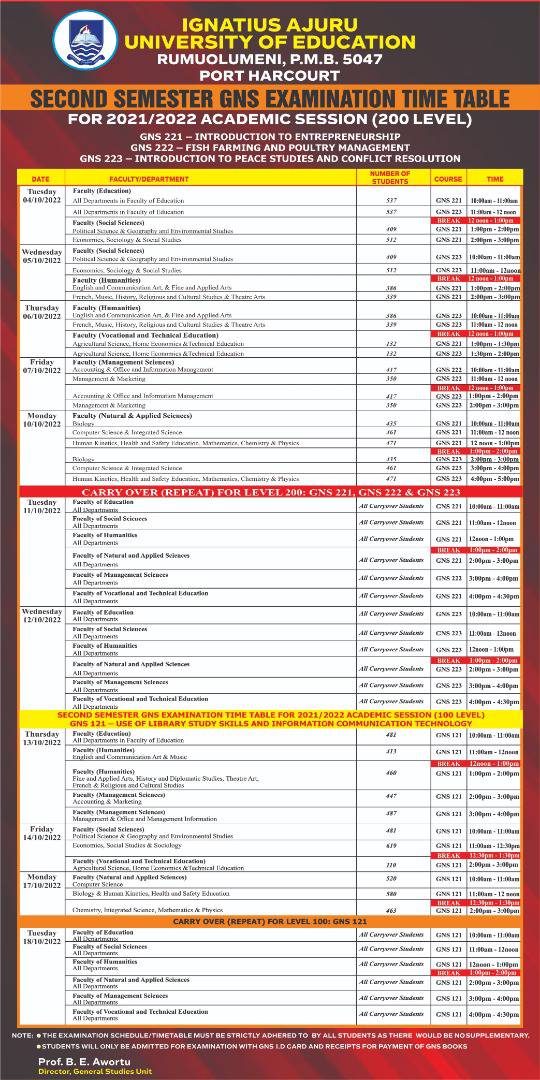 IAUE GNS Exam Timetable for 2nd Semester 2021/2022