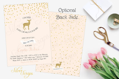 Gold Glitter Confetti and Deer Custom Baby Shower Invitation - Fawn Bambi Sprinkles Dots Blush Pink White Modern Girl Sparkle Digital DIY metallic matching back side polka dots silhouette chic soft blush light pink white