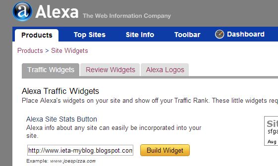 ALEXA, PANDUAN BLOGGING, TUTORIAL, CARA MEMASANG WIDGET TRAFFIC ALEXA, WIDGET TRAFFIC ALEXA, cara meningkatkan traffik blog, Site Info, Traffic Rank, Build Widget, http://ieta-myblog.blogspot.com/2013/08/cara-memasang-widget-traffic-alexa.html