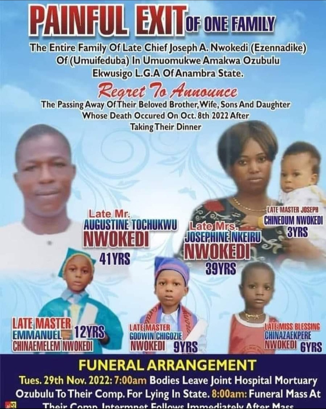 Photos: Obituary for family-of-six who died after eating dinner In Anambra State