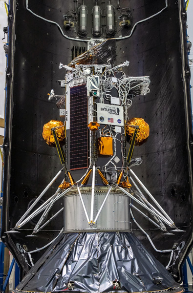 Another image of Intuitive Machines' Odysseus lander about to be encapsulated by the payload fairings of its SpaceX Falcon 9 rocket for a launch on February 14, 2024.