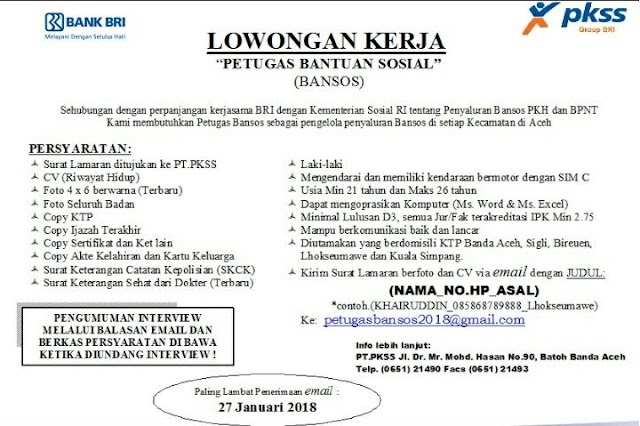 LOWONGAN KERJA "PETUGAS BANTUAN SOSIAL" (BANSOS)