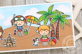 Sunny Studio Stamps: Coastal Cuties, Beach Babies & Seasonal Trees Catch A Wave Summer Beach Themed Card by Juliana Michaels (using Woodland Borders & Fluffy Cloud Dies)