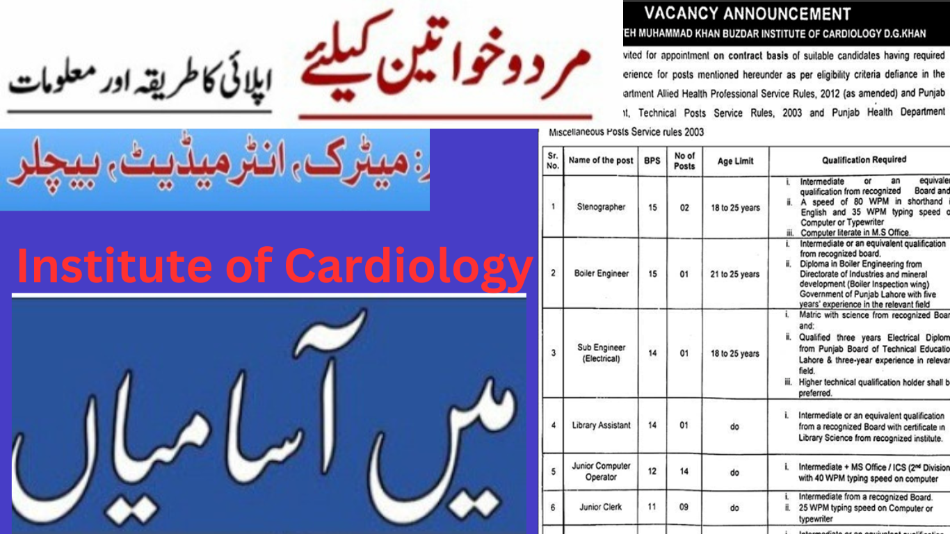 job Announcement in Sardar Fatea Muhammad khan Buzar Institute of Cardiology D.G Khan, Stenographer, boiler Engineer, sub engineer,  manger in Punjab