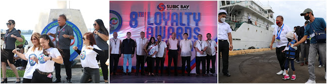 L-R [1] A flash mob interrupts the 30th anniversary program of the SBMA to surprise Chairman and Administrator Rolen C. Paulino whose birthday coincided with the celebration; [2] The SBMA honors 238 employees during the 8th SBMA Loyalty Awards Ceremony to recognize the awardees' length of service; [3] SBMA Chairman and Administrator Rolen C. Paulino assists a child for a ship tour at BRP Hydrographer Presbitero, a research and survey vessel docked at the Riviera Pier of Subic Bay Freeport zone Wednesday, November 23. The SBMA Seaport Operations Group treated around 10 students with special needs from Kalalake Elementary School in nearby Olongapo with a ship and a tour at the Subic Bay International Airport. They were also given gift packs during the said event dubbed “Give Love on SBMA Day”, a day before the celebration of the 30th founding anniversary of the agency.