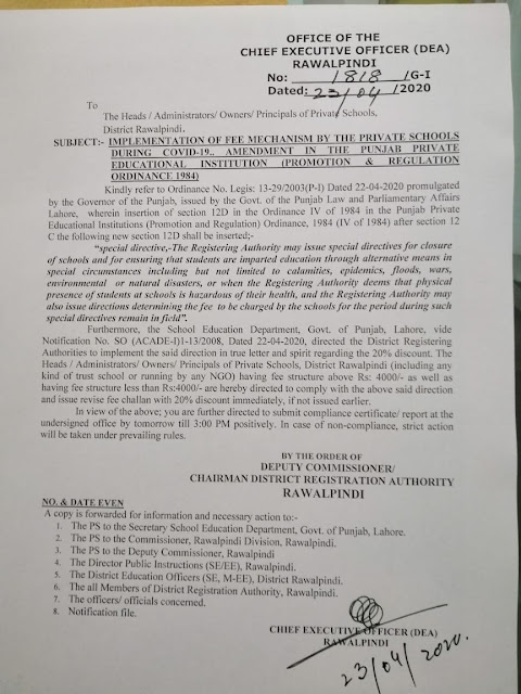 Fee concession notification for private schools students by ceo(dea) rawalpindi