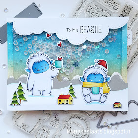 Stamps: Beast Friends, Ready Set Snow, Interactive Labels.  Dies: Beast Friends, Ready Set Snow, A2 Rectangle Stax, Stitched Clouds, Surf & Turf, Mountain High, Double Slider Loop Slots, A2 Rectangle Frames  Paper: Smooth White and Cement Grey, Watercolor paper, Copic paper  Ink: Mermaid Lagoon and Antique Linen Distress ink, Copic Markers, Memento Tuxedo black and Versafine onix black  Extra: Shaker material, A2 shaker rectangle Shaker Pouch, Glossy Accent, White acrylic paint marker.