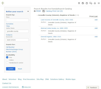 Screen capture of FamilySearch Catalog Search screen taken 24 Jan 2024 with the Land and property subject open for the place "Canada, Ontario, Prince Edward, Gardenville".