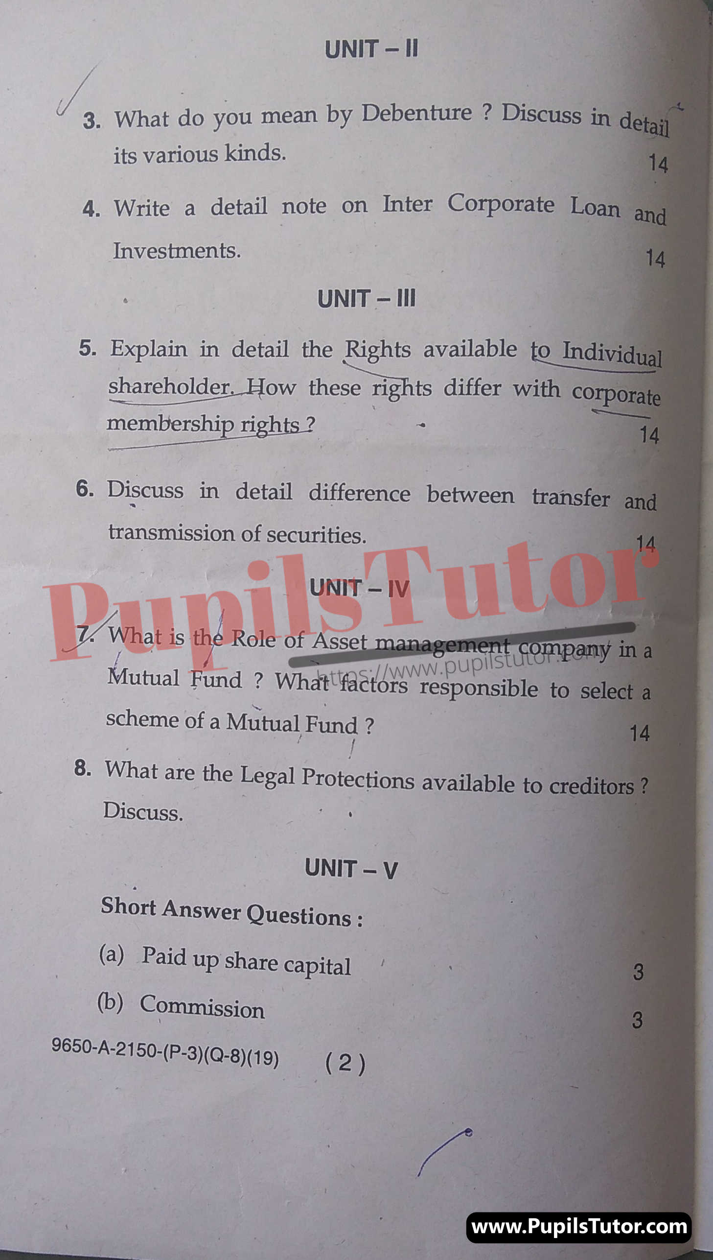 M.D. University LL.B. Law Of Corporate Finance Fifth Semester Important Question Answer And Solution - www.pupilstutor.com (Paper Page Number 2)