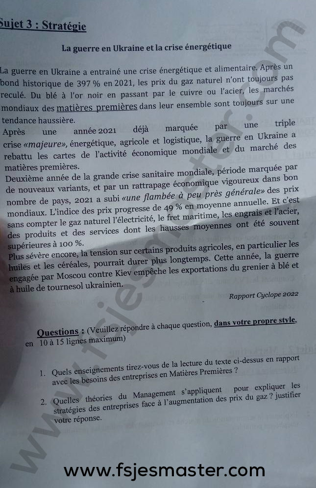 Exemple Concours Master Management et Stratégie des Organisations (MSO) 2022-2023 - Fsjes Marrakech