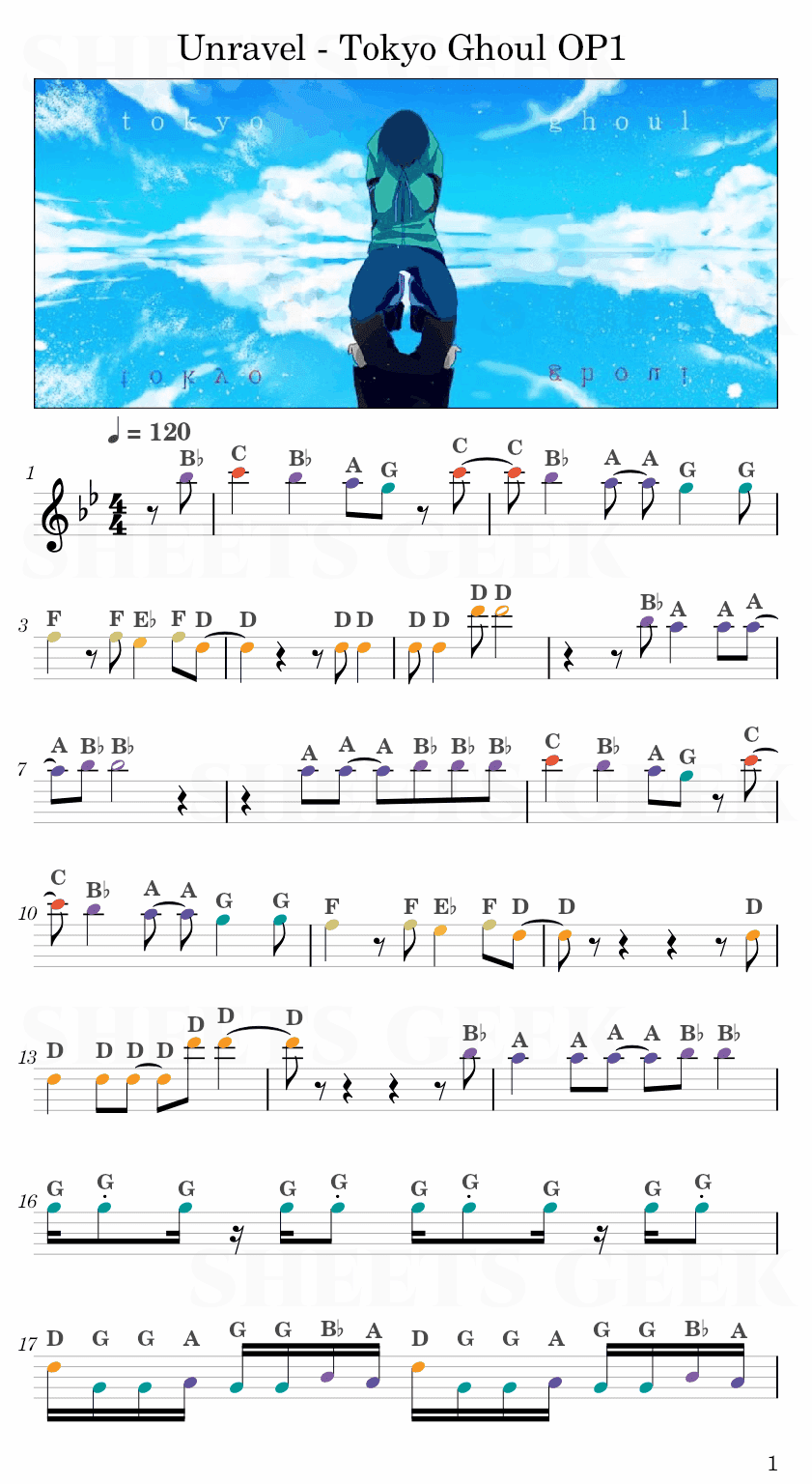 Unravel - Tokyo Ghoul OP1 Easy Sheets Music Free for piano, keyboard, flute, violin, sax, celllo 1