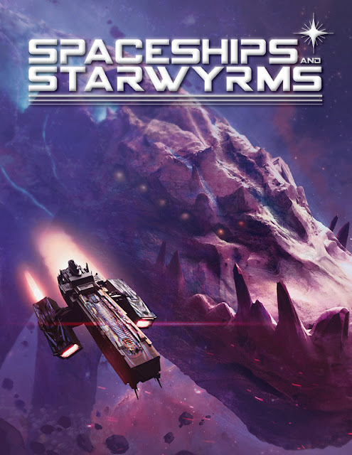 The cover of Spaceships and Starwyrms with the title in white mod font and a spaceship flying next to a craggy, monstrous figure that looks to be a dragon.