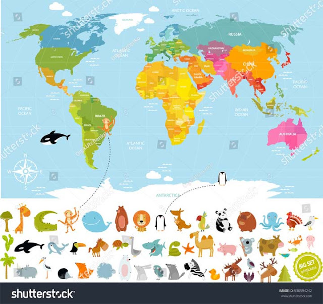 Shutterstock 530594242 - Vector illustration world map for children with lots of animals: bear, cow, elephant, whale, deer, crocodile, panda, monkey, giraffe,palm, ocean. America, Europe, Asia, Canada, Africa, Antarctica
