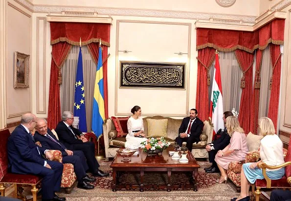 Crown Princess Victoria wore By Malina lace dress. Prime Minister Saad Hariri, at Grand Serail. Lebanese President Michel Aoun