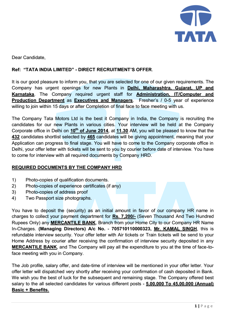 Job offer letter management trainee