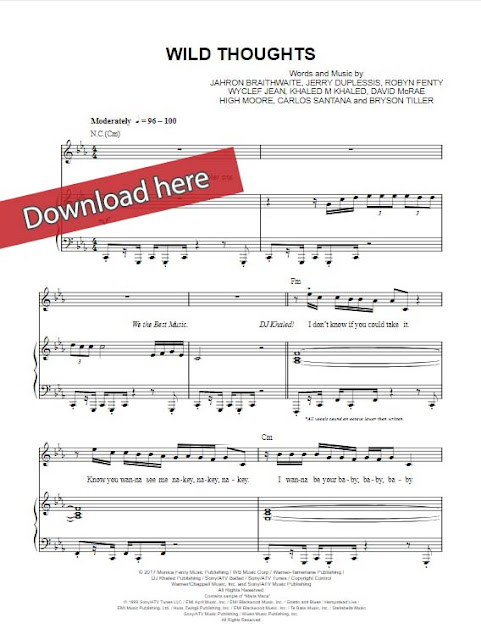 dj khaled, wild thoughts, rihanna, bryson tiller, sheet music, piano notes, chords, download, pdf, klavier noten, keyboard