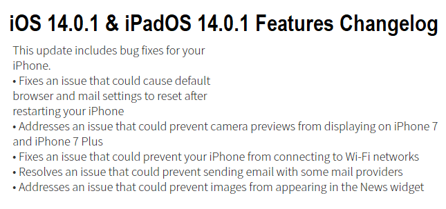 iOS 14.0.1 and iPadOS 14.0.1 Features Changelog