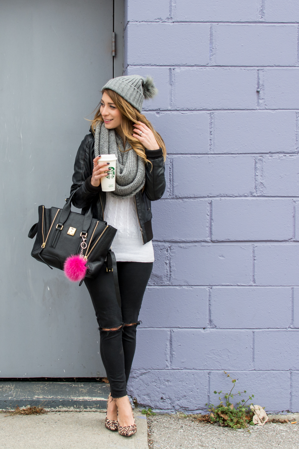 leather jacket layering winter outfit