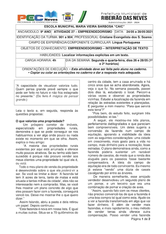 LÍNGUA PORTUGUESA - PROFª. CRISTIANE EVANGELISTA - ATIVIDADE 27 - EMPREENDEDORISMO - 901 a 904 (24 a 28/05/2021)