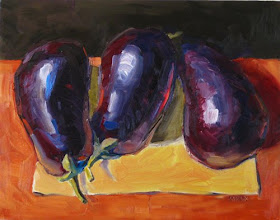 Three Eggplants: Colorful oil painting still life of garden vegetables