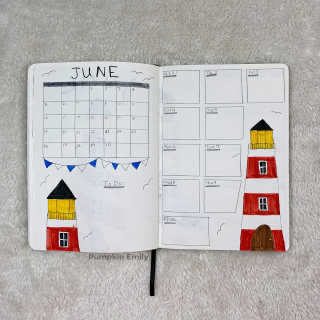A one page calendar and weekly spread with lighthouses.