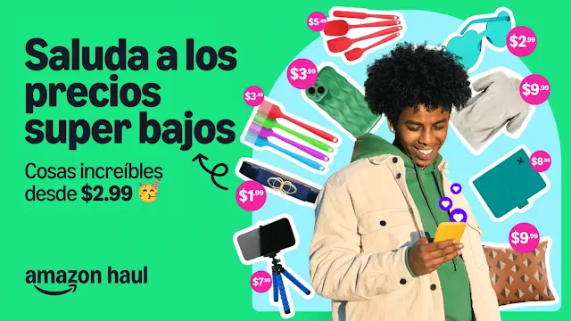La imagen es un anuncio de Amazon que destaca precios bajos en varios productos. En el lado izquierdo, el texto dice: "Saluda a los precios super bajos" y "Cosas increíbles desde $2.99". A la derecha, hay una persona sonriendo mientras mira su teléfono, rodeada de imágenes de productos con sus precios destacados, como utensilios de cocina, accesorios tecnológicos y artículos de moda. El fondo es verde y azul, y el logotipo de Amazon aparece en la parte inferior izquierda.