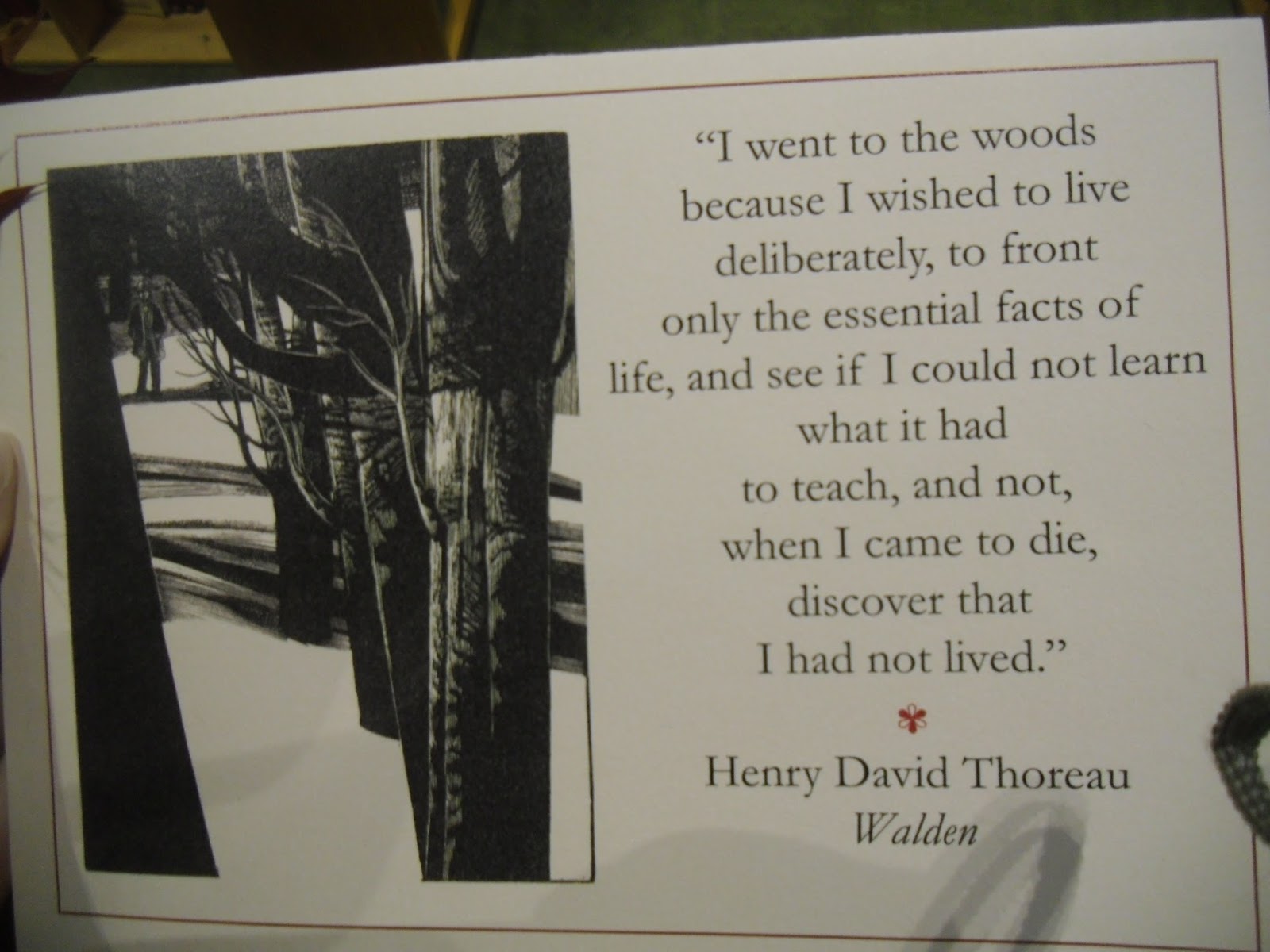 Another thing I found in the t store was the postcard here which says one of my favorite quotes from Thoreau This is what I mean when I say that "