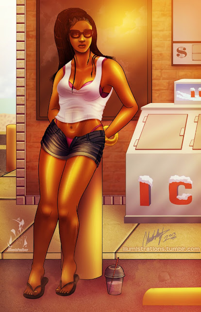 summer, heat, african american, woman, summer heat, illustration, drawing