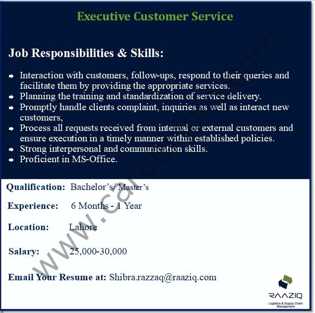 Raaziq International Pvt Ltd Jobs Executive Customer Service