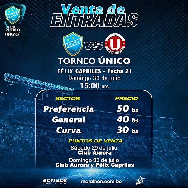 Venta de Entradas Aurora vs Universitario de Vinto