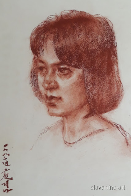 portrait of elena larina, drawing, portrait, red chalk on paper, red chalk on paper, slava-fine-art, 