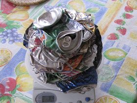 crushed aluminum cans on a scale