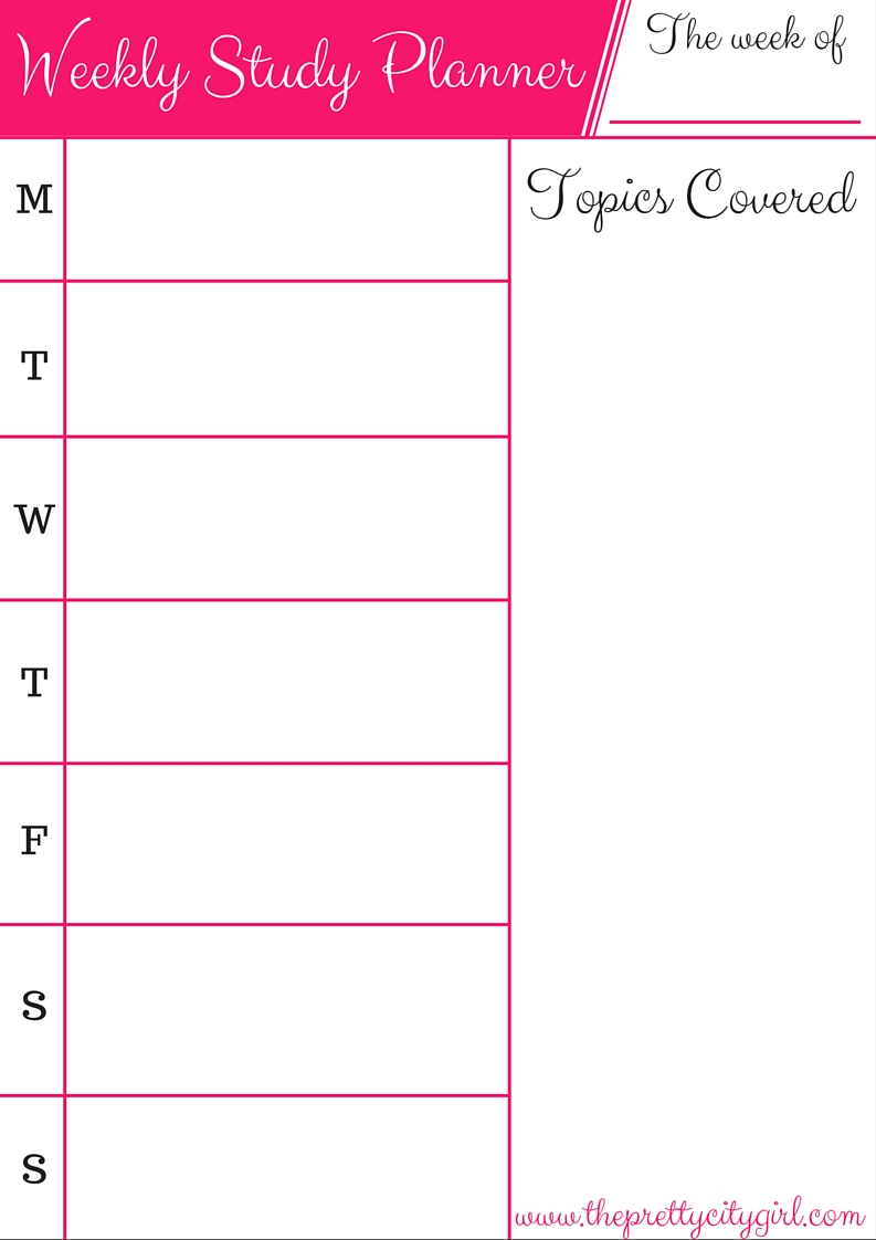 weekly study planner printable the pretty city girl