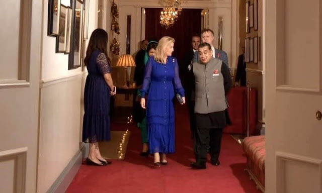 The Duchess of Edinburgh wore a blue sheer crinkle silk-blend maxi dress by Me+Em. Diwali and Bandi Chhor Divas event