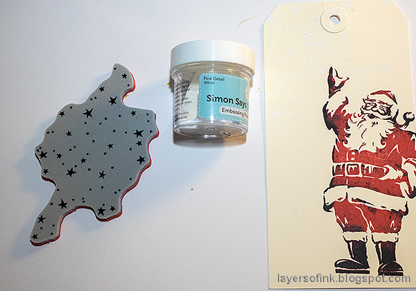 Layers of ink - Double-stamped Santa Tag Tutorial by Anna-Karin Evaldsson. Stamp stars.