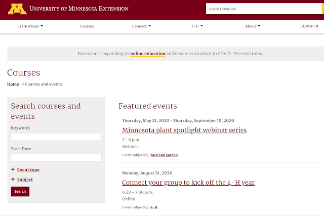 screenshot of extension courses and events page