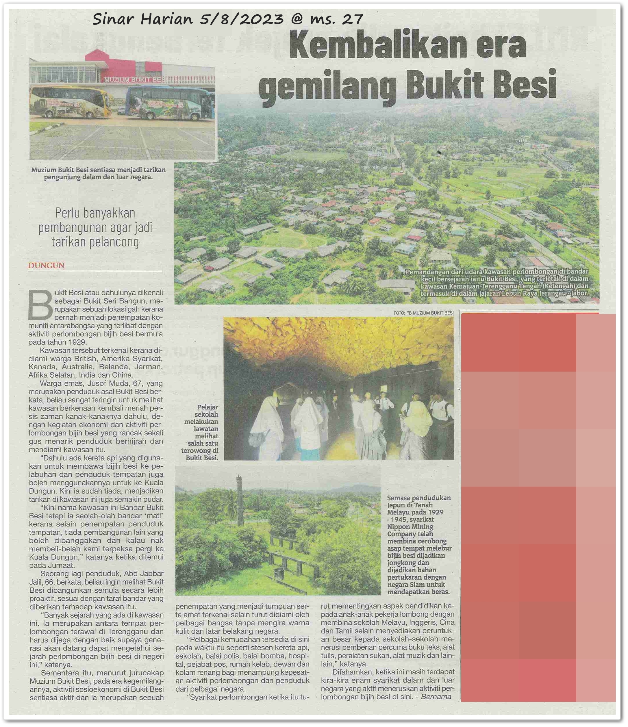 Kembalikan era gemilang Bukit Besi - Keratan akhbar Sinar Harian 5 Ogos 2023